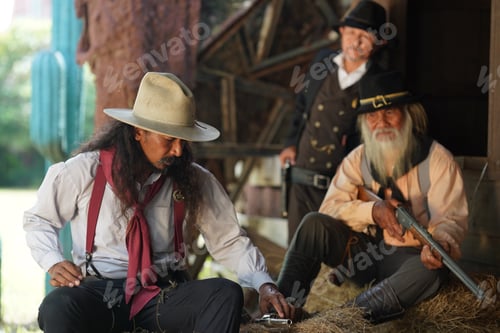Preview: Brutal cowboy with revolver, gunfight on ranch, rural background.