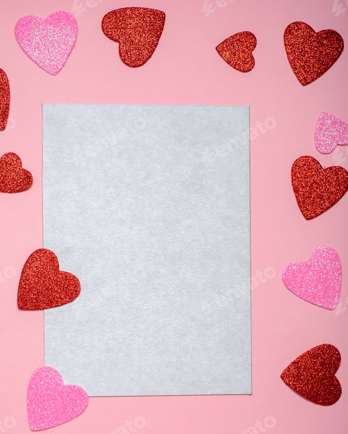 Preview: Blank card surrounded by hearts on a pink background. Mockup for Valentine's Day.