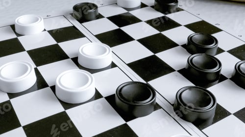 Preview: checkers game, hobby. Close-up of a hand moving checkers, fast shooting effect