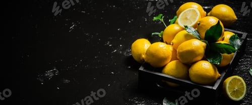 Preview: Fresh lemons. On black table.