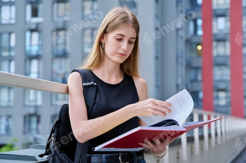 Preview: Young serious college student, girl with backpack reading textbook, outdoors
