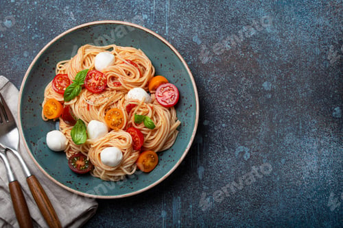 Preview: Spaghetti with mozzarella, colourful cherry tomatoes, fresh basil on ceramic plate