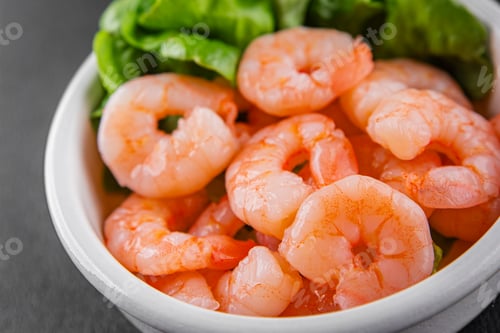 Preview: Shrimp salad prawns seafood fresh pescetarian diet gourmet food background on the table