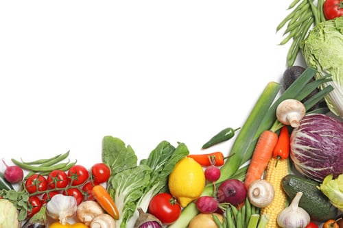 Preview: Many different fresh vegetables on white background, top view