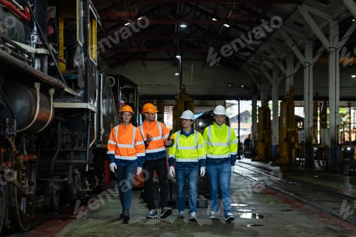 Preview: Team railway technician engineer Inspect repair service project train diesel engine in maintenance c
