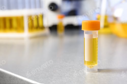 Preview: Container with urine sample on table in laboratory, space for text. Medical analysis