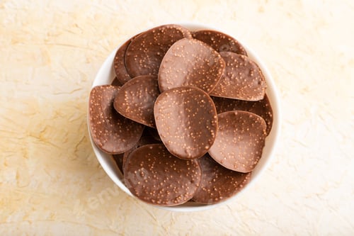 Preview: Chocolate chips on a beige concrete background. top view, close up.
