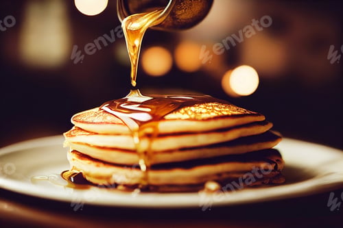 Preview: Close-up food photography of buttered pancakes with syrup