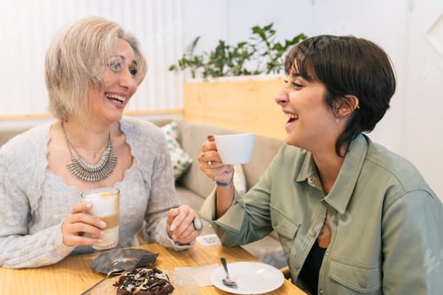 Preview: Happy women enjoying coffee while talking at restaurant