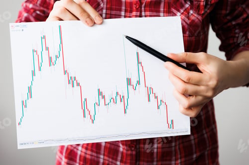 Preview: Women hand and graph chart with falling trend.