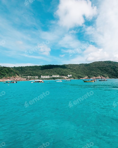 Preview: Boats, turquoise water and white sand beach, Redang Island, Malaysia