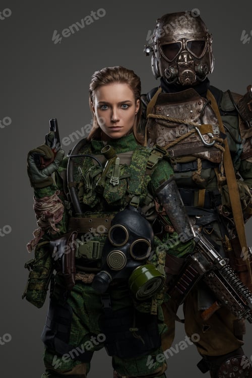 Preview: Shot of post apocalyptic couple with pistol and shotgun