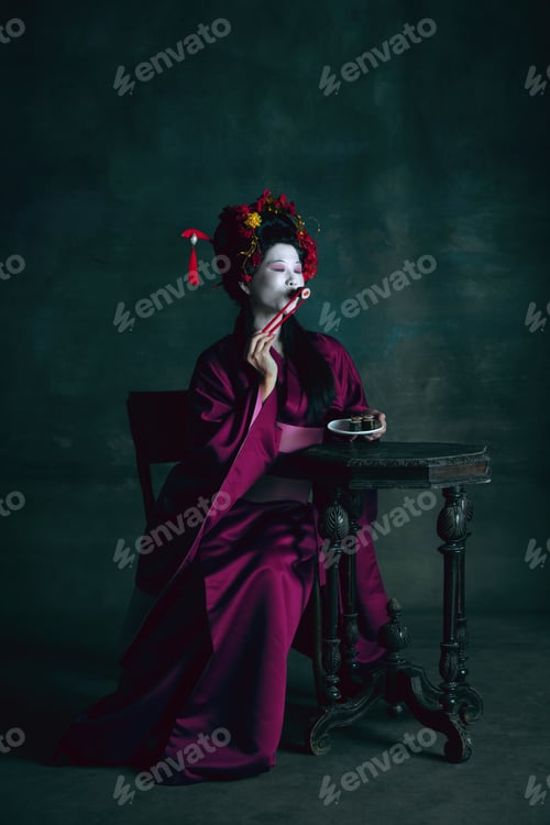 Preview: Young japanese woman as geisha on dark green background. Retro style, comparison of eras concept