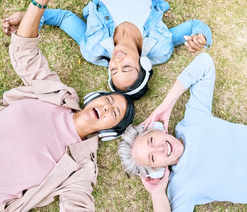 Preview: Top view, senior or women and music headphones in silent disco, retirement fun or bonding community