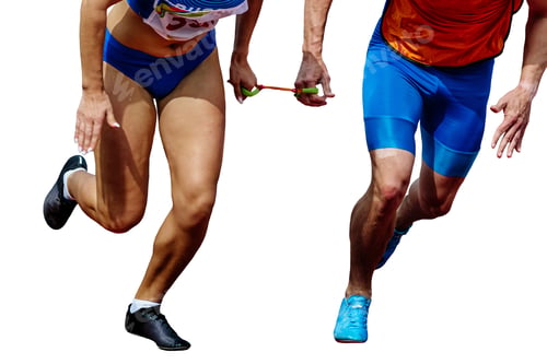 Preview: female blind para athlete runner with male guide start running race, summer para athletics