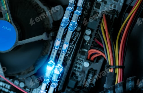 Preview: RAM memory in computer motherboard. Inside desktop PC plenty of dust. Dirty PC need to clean. PC