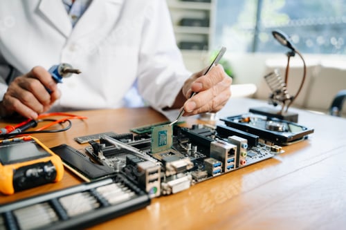 Preview: The technician is putting the CPU on the socket of the computer motherboard. electronic engineering
