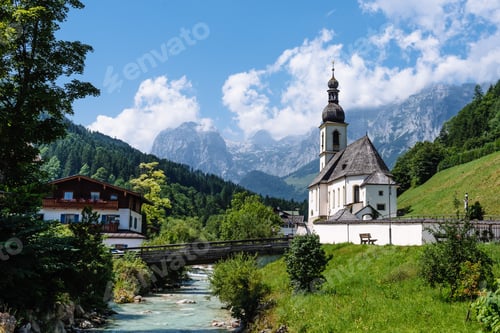 Preview: Scenic view of church of St Sebastian Ramsau in the Alps