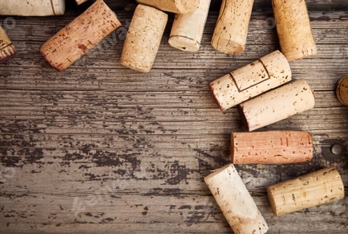 Preview: Dated wine bottle corks on the wooden background