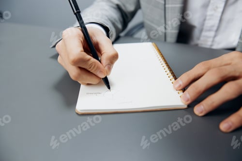 Preview: manager in a gray suit in the office with a notepad on the table the idea of writing executive