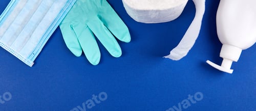 Preview: Coronavirus pandemic panic, crisis shopping concept. Flat lay