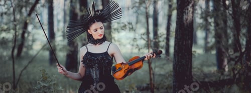 Preview: panoramic view of woman in witch costume with crown standing on forest background, holding violin