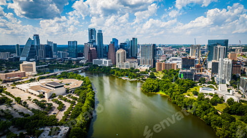Preview: Aerial view of downtown Austin with modern buildings along the riverbank. Texas, USA