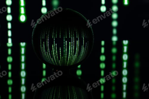 Preview: Dark background with computer binary code and a ball. Computer technology