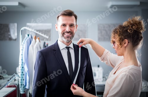 Preview: Tailor using tape to measuring smiling client for sewing suit at atelier