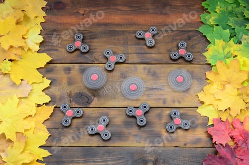 Preview: Several spinners among the many yellowing fallen autumn leaves on the background surface