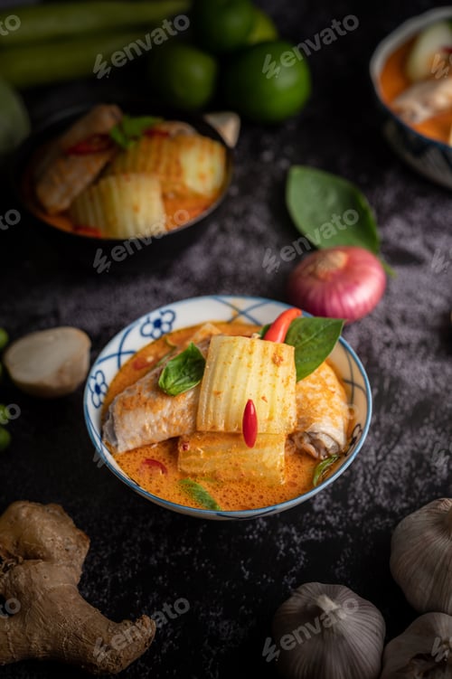 Preview: Chicken curry with winter melon, with mushroom, garlic, chilli and basil.