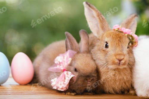 Preview: Easter bunny and eggs on green grass outdoor, Cute rabbit sitting on green field spring meadow