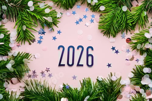 Visualização: Fundo rosa de Ano Novo de 2026. Número do próximo ano na decoração de Natal.