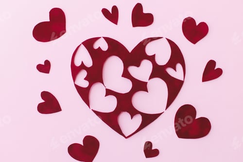 Preview: Stylish valentine hearts flat lay on pink background. Happy Valentine's Day! Love concept