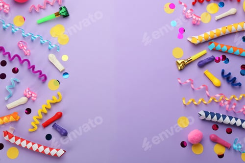 Preview: Flat lay composition with carnival items on violet background. Space for text