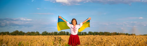 Preview: Child in a field of wheat with the flag of Ukraine. Selective focus.