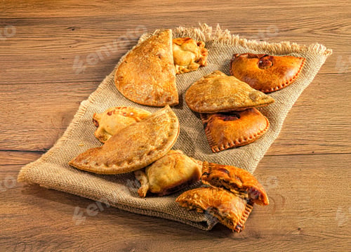 Preview: Assorted empanadas on burlap cloth.