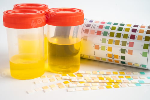 Preview: Urinalysis, urine cup with reagent strip pH paper test and comparison chart in laboratory.