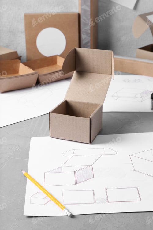 Preview: Creating packaging design. Drawings, boxes and pencil on blue textured table, closeup