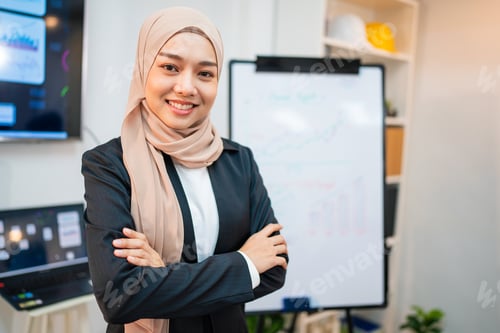 Preview: Successful asian businesswoman working and looking camera in a meeting room.