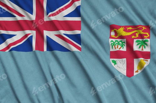 Preview: Fiji flag is depicted on a sports cloth fabric with many folds. Sport team waving banner
