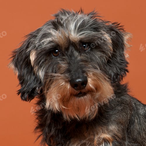 Preview: Close-up of Dachshund, 8 years old, in front of orange background