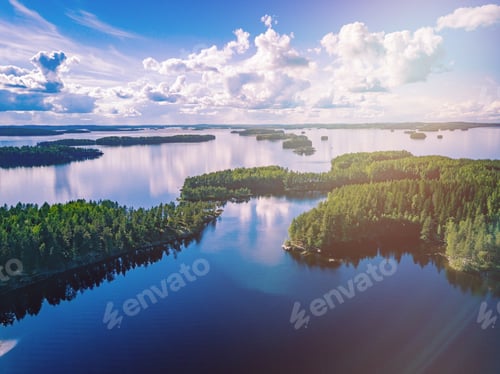 Preview: Aerial view of blue lakes and green woods in summer Finland.