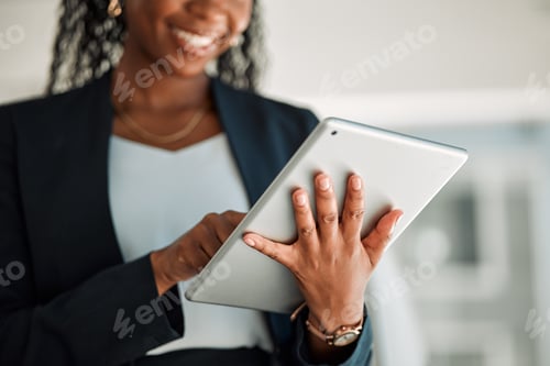 Preview: Lawyer, hands and black woman with tablet in office for legal research, online app and social media