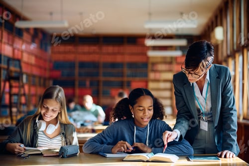 Visualização: Professora do ensino médio auxiliando seus alunos no aprendizado em sala de aula.