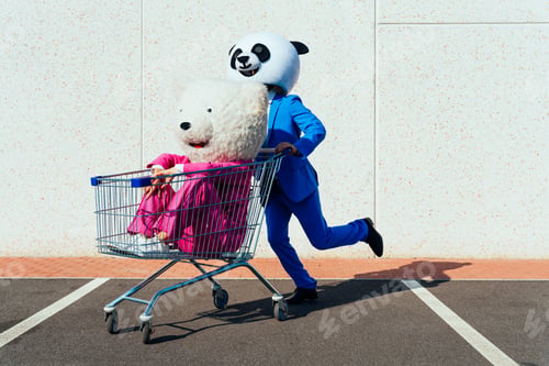 Preview: Storytelling image of a couple wearing giant panda head
