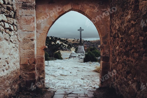 Preview: Faith. Depth of field. Religion. Autumn. Cinematic view. Diminishing perspective.