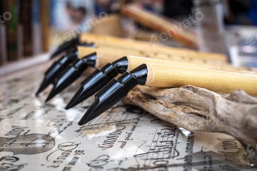 Preview: Woodwind musical instrument, handmade wooden saxophone, workshop.