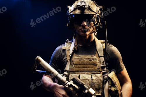 Preview: Special forces soldier with rifle on black background