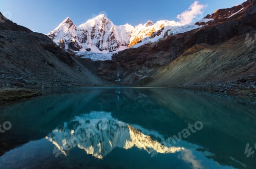 Snow Capped Mountains Reflected on a Calm Lake
